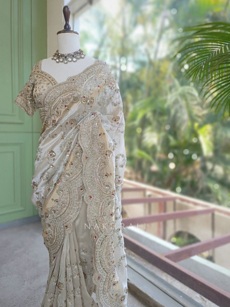 Noor-e-Chandani Cream Organza Saree with Heavy Embroidery Work