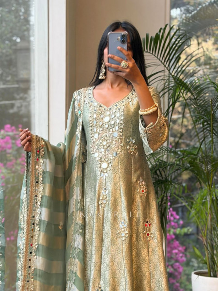 Mehraz Sea Green Mirror Anarkali Set