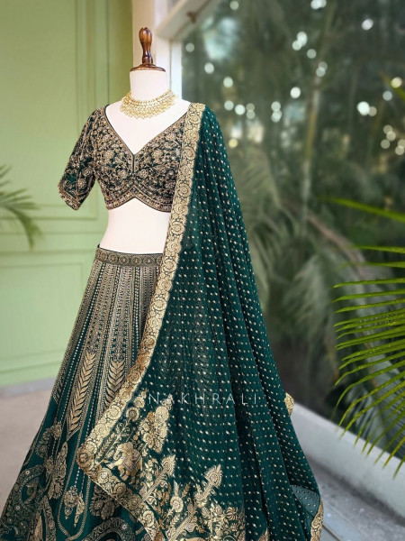 Rajwada Green Banarasi Lehenga with Zari and Sequin Work