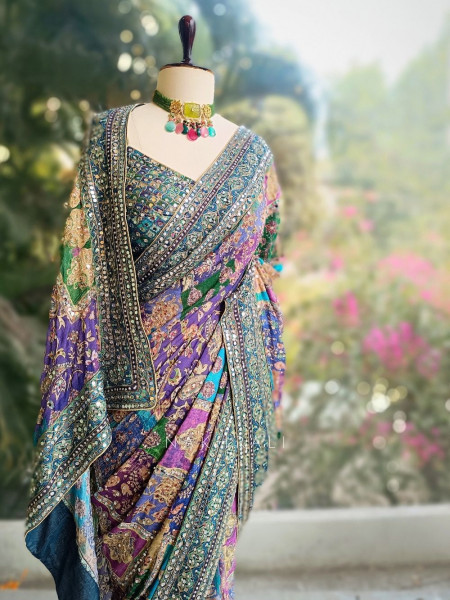Tamaswini Blue Saree with Stone, Zari & Sequin Work
