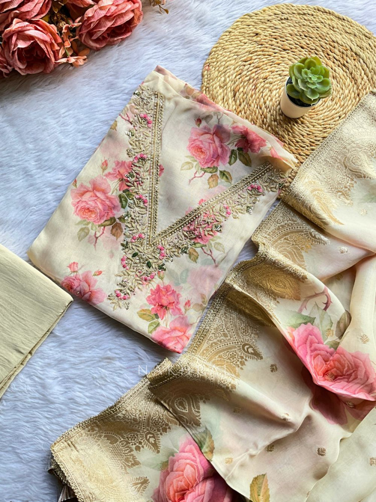 Image of Roselyn Cream Cotton Dress Material with Floral Print