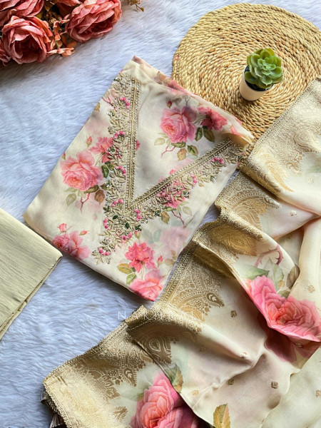 Roselyn Cream Cotton Dress Material with Floral Print