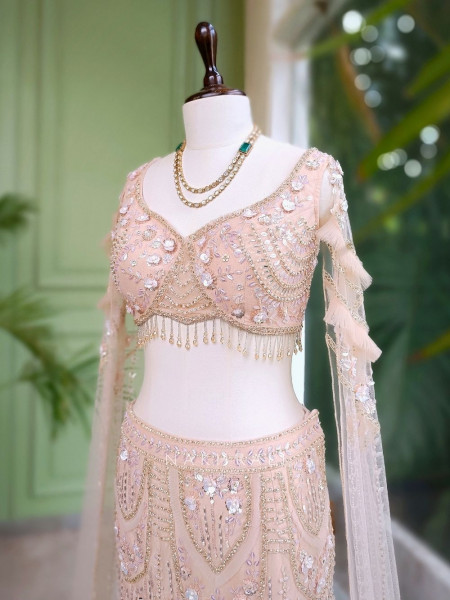 Elivra Beige Net Indo-Western Lehenga with Beads & Sequin Work