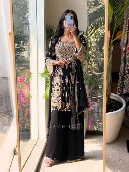 Zyara Black Suit Set with Cut Dana and Zari Work