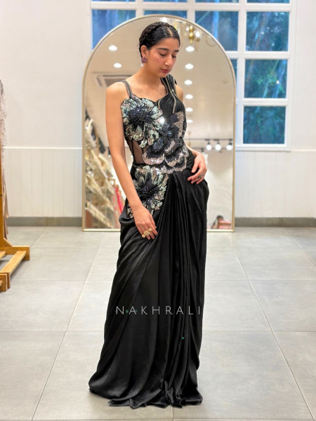 Obsidian Black Premium Metallic Lycra / Shimmer Satin-Poly Blend Drape Gown