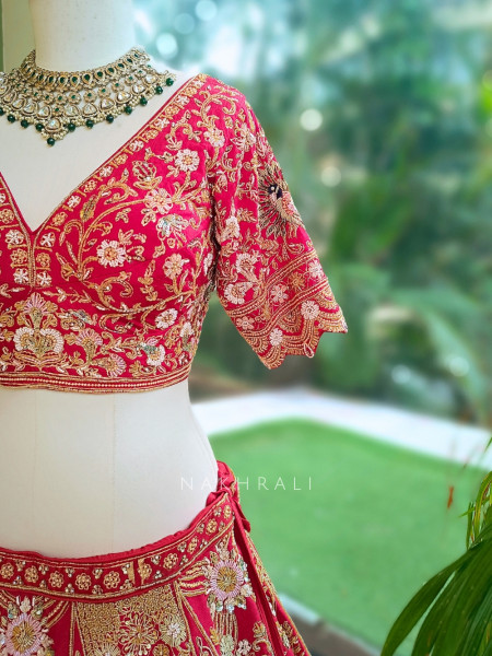 Vermillion Red Silk Velvet Bridal Lehenga With Zardozi, Dabka & Doli Motif Work