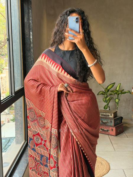 Raabta Red Modal Saree with Ajrak Border