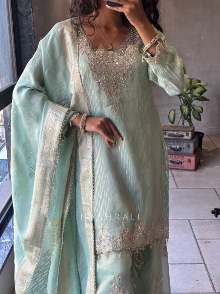 Zohra Green Sequin Embroidered Suit Set with Tassel Detail