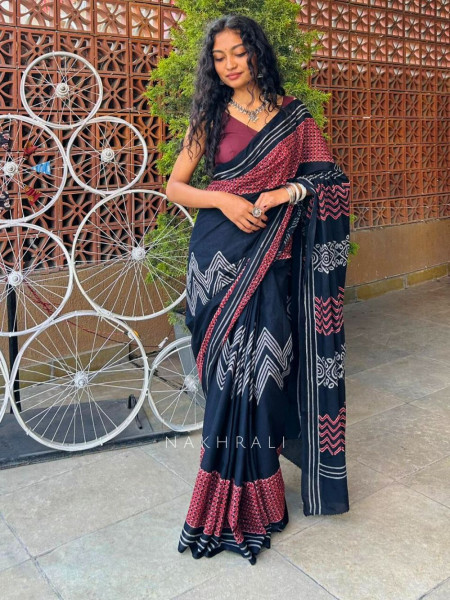 Midnight Loom Black Cotton Block Print Saree
