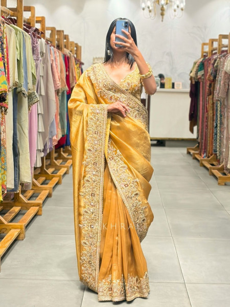 Ritvansh Mustard Saree with Embroidery and Readymade Embroidered Blouse