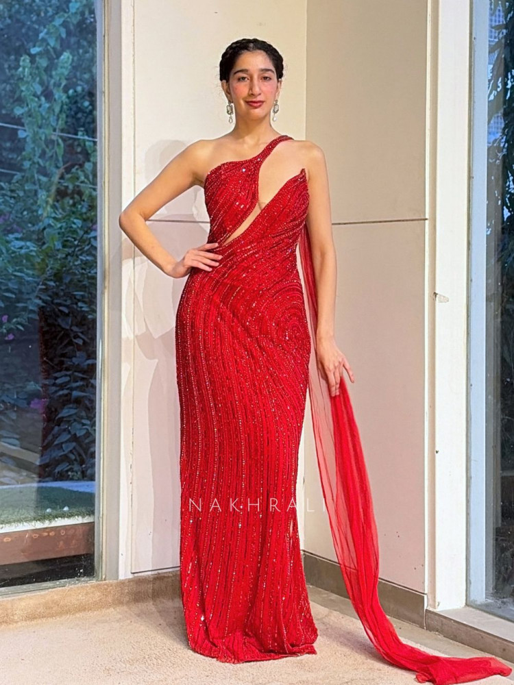 Image of Allure Red Gown with Cut Dana and Beadwork