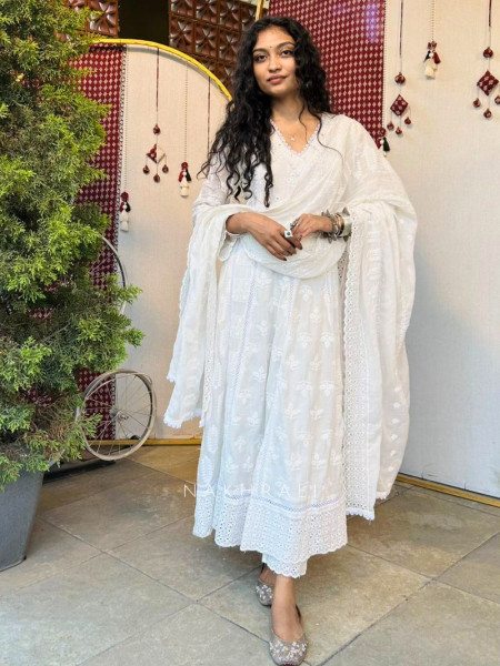 Evara White Lucknowi Anarkali Kurta Suit Set
