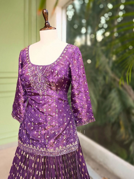 Saanvi Purple Embroidered Kurta Lehenga Set with Dupatta