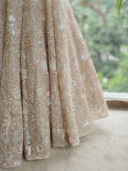 Noor-E-Jahan Beige Bridal Lehenga with Pearl and Beads Work