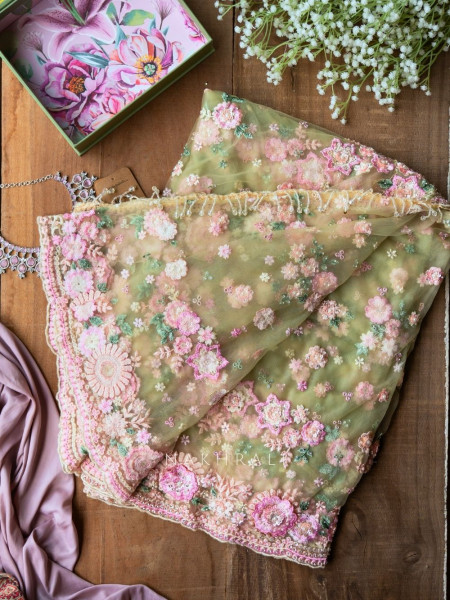 Odette Green Floral Embroidered Saree with Readymade Blouse