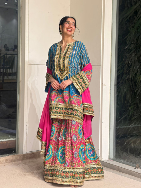 Sargam Blue Modal Satin Gharara Suit Set