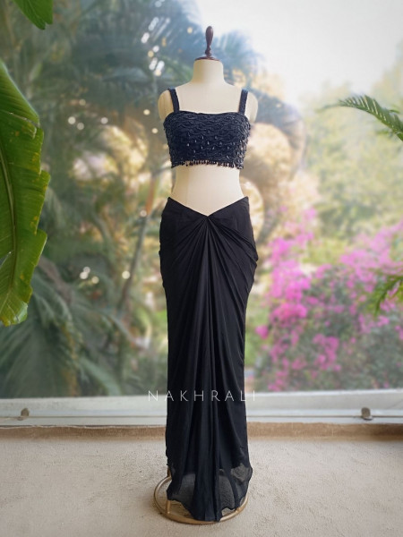 Rivora Black Crop Skirt Set with Beads Cut Dana Work