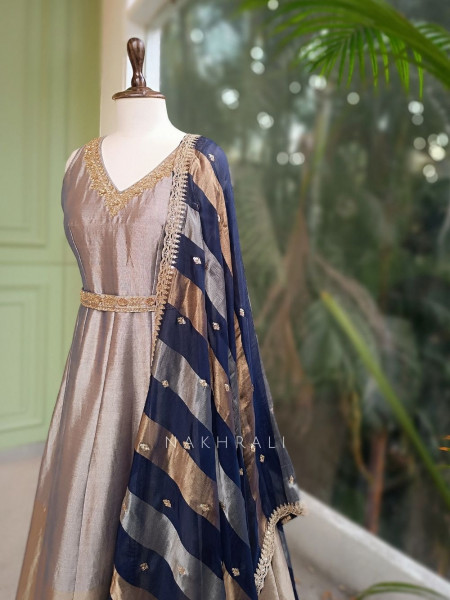 Virelle Grey Silk Anarkali Suit Set with Zari and Sequin Work