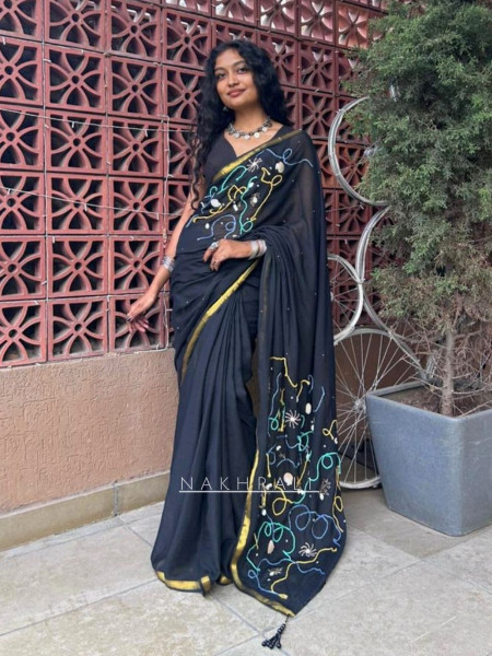 Sanjh black Mull Cotton Saree with Thread Embroidery