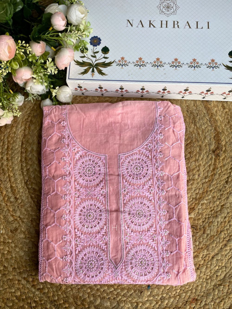 Image of Ishira Pink Embroidered Cotton Dress Material Set