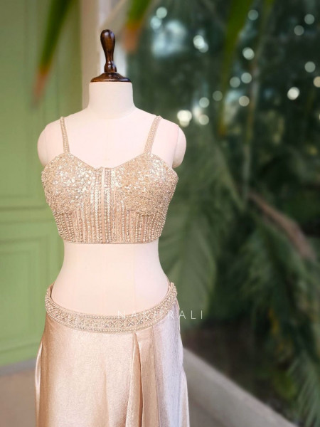 Roséveil Beige Corset Skirt Set with Sequin Work and Cape Shrug