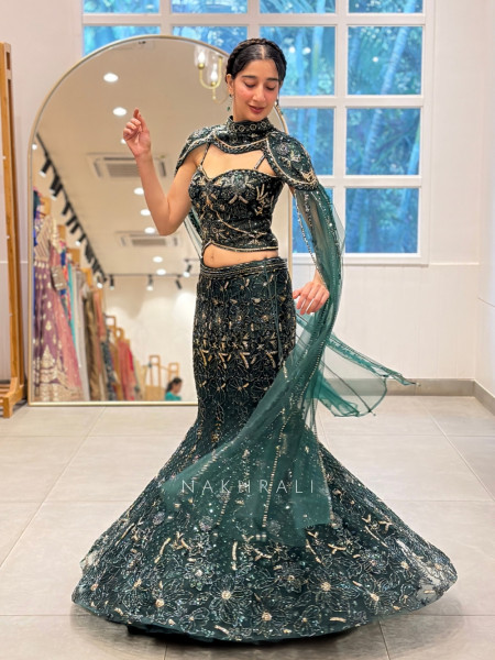 Gisele Bottle Green Net & Tulle Fish-Cut Cape Lehenga