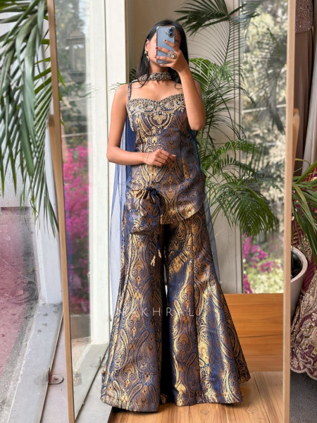 Afsana Blue Brocade Palazzo Kurta Set with Zari Bead Work