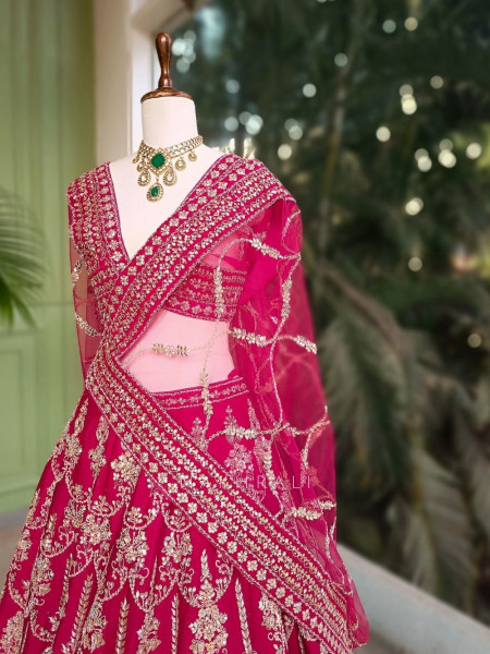 Vritika Magenta Unstitched Bridal Lehenga with Zari Sequin Work