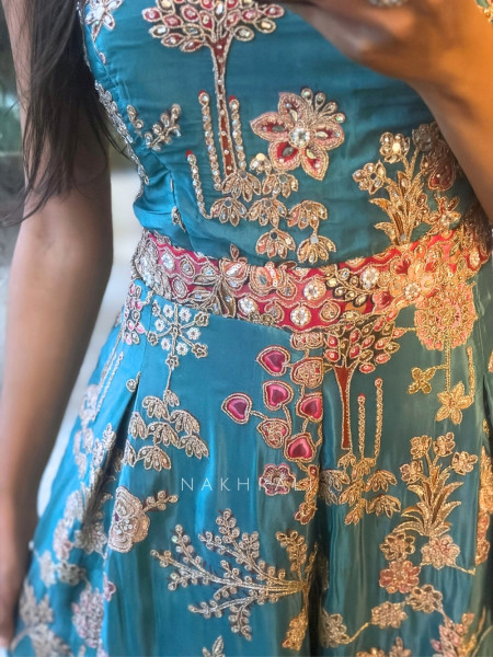Ishvani Teal Blue Chanderi Silk Indo-Western Jumpsuit