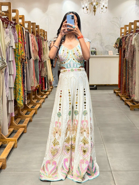 Nymera White Embellished Jumpsuit with Mirror Bead Work