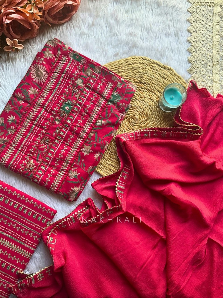 Image of Utsavi Magenta Floral Embroidered Cotton Dress Material