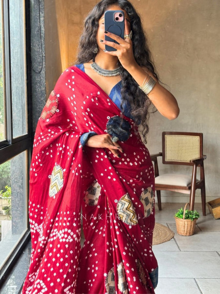 Manjari Red Bandhej Saree with Running Blouse Piece