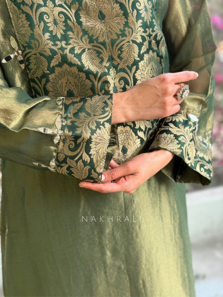 Zeenat Green Embroidered Side-Slit Dress with Matching Potli