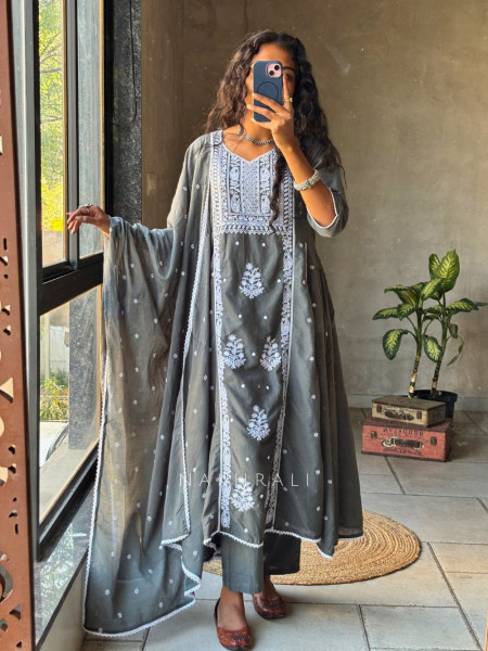 Saesha Grey Chikankari Kurta Set with Dupatta