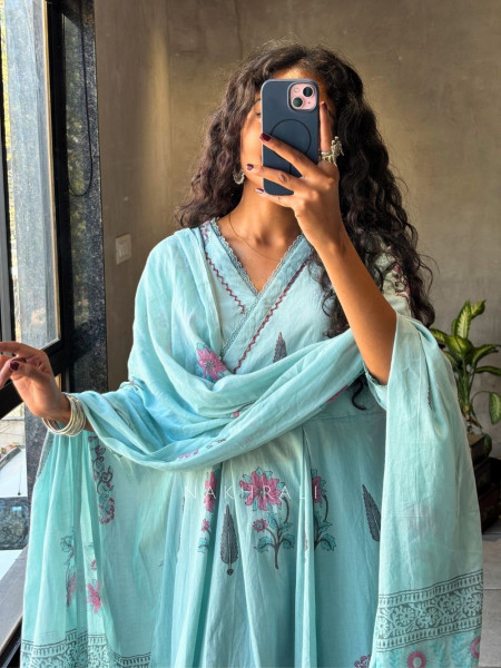 Meadow Blue Cotton Anarkali Suit Set with Floral Print