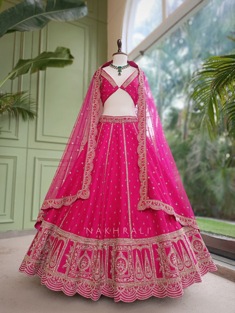 Image of Pravya Magenta Raw Silk Unstitched Bridal Lehenga