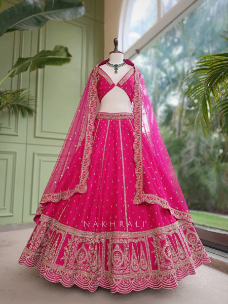 Pravya Magenta Raw Silk Unstitched Bridal Lehenga