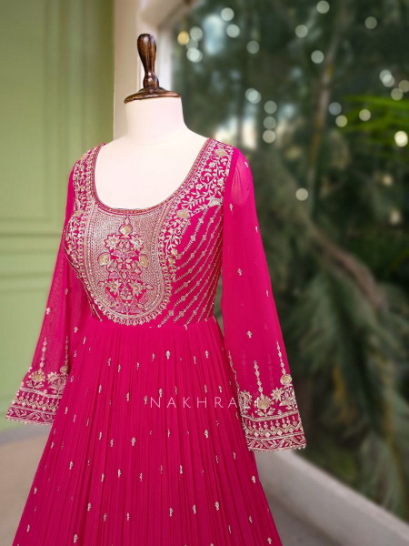 Fuchsia Magenta Georgette Anarkali Set with Embroidered Neck Work
