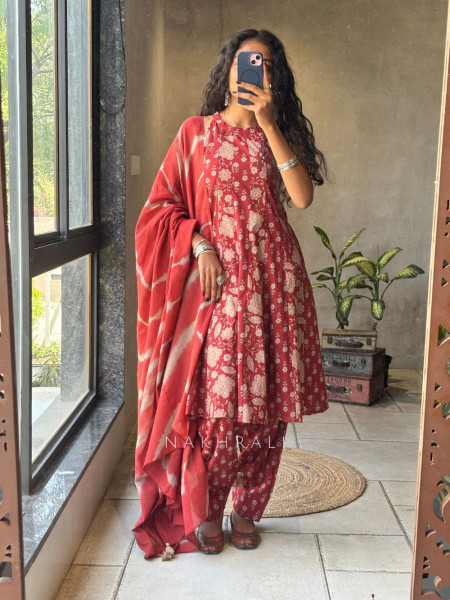 Gulnaar Maroon Rayon Cotton Anarkali Suit Set with Floral Print