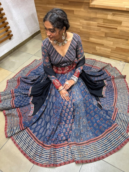 Pravika Blue Pure Cotton Chaniya Choli Ajrakh Kalamkari Patchwork & Gota Detail