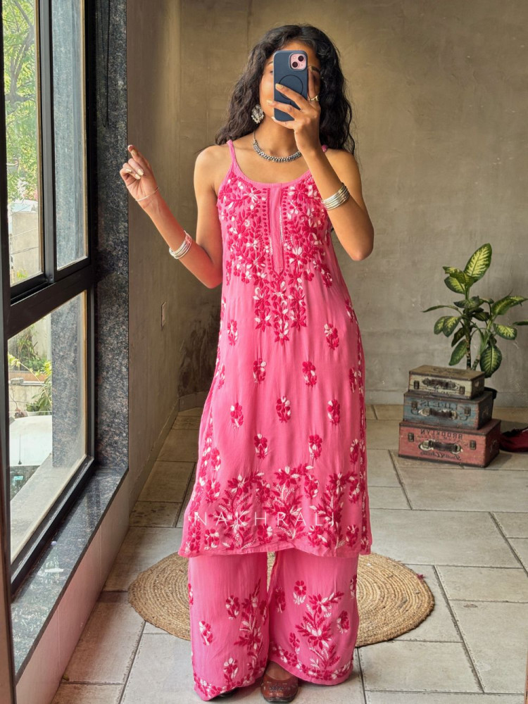 Image of Solira Coral Pink Rayon Kurta Pant Set with Chikankari Work