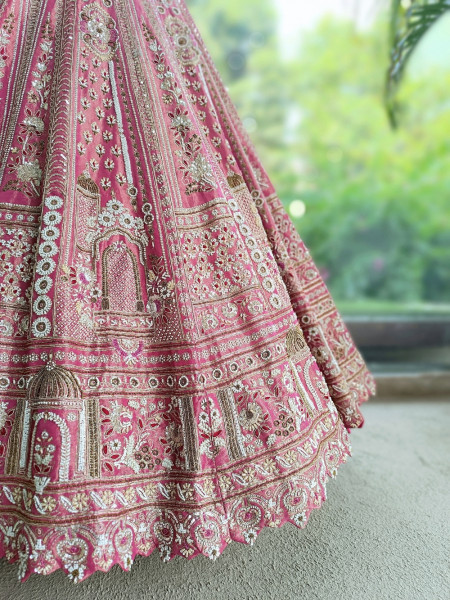 Rosethorne Pink Bridal Lehenga With Zardozi, Resham & Jharokha Work