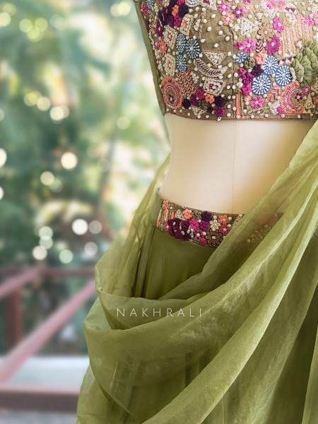 Gardenia Green Indo Western Lehenga with Thread Embroidery Work