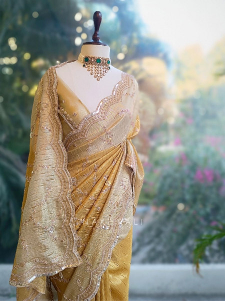 Aarna Gold Beige Organza Saree with Sequin Cut Dana Work