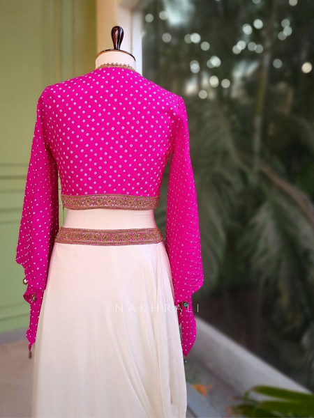 Verin Pink Ivory Crop Top and Skirt Set with Embroidered Work