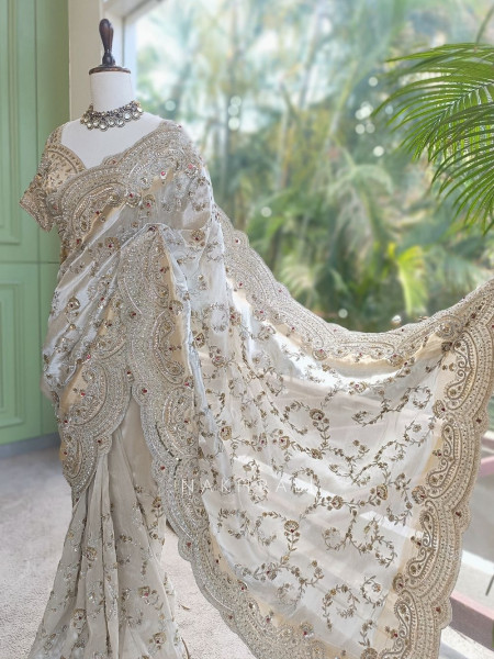 Noor-e-Chandani Cream Organza Saree with Heavy Embroidery Work
