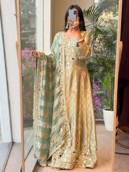 Mehraz Sea Green Mirror Anarkali Set