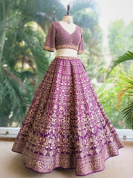 Vedhika Glint Purple Brocade Lehenga with Zari and Sequin Work