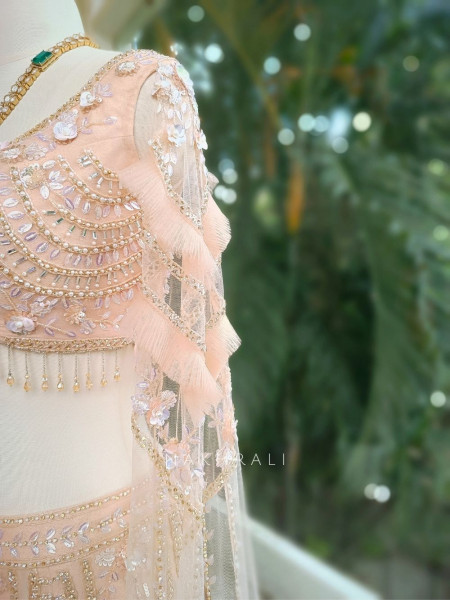 Elivra Beige Net Indo-Western Lehenga with Beads & Sequin Work