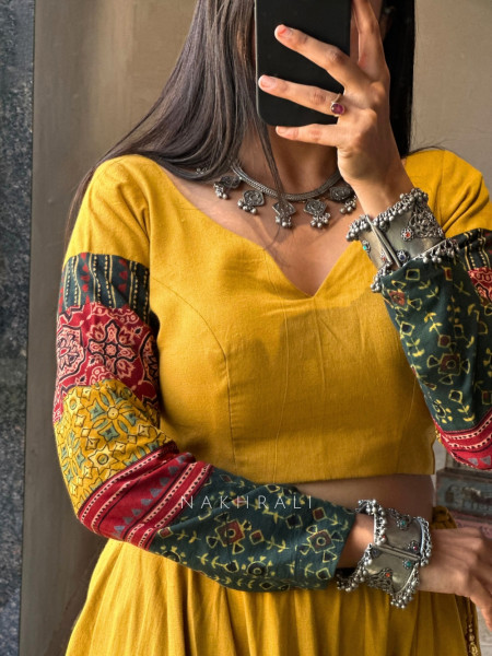 Jugni Yellow Block Printed Cotton Chaniya Choli